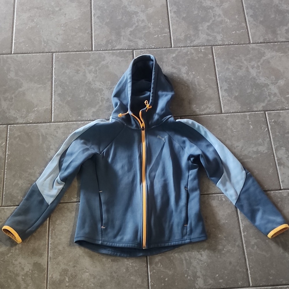 PUMA Men's Colorblock Hooded Full Zip Hoodie Blue/Gray/Orange Size S